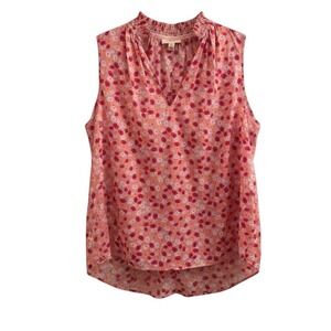 ON 34th Women XL Pink Floral Smocked Ruffle Neck Sleeveless V-Neck Blouse Top
